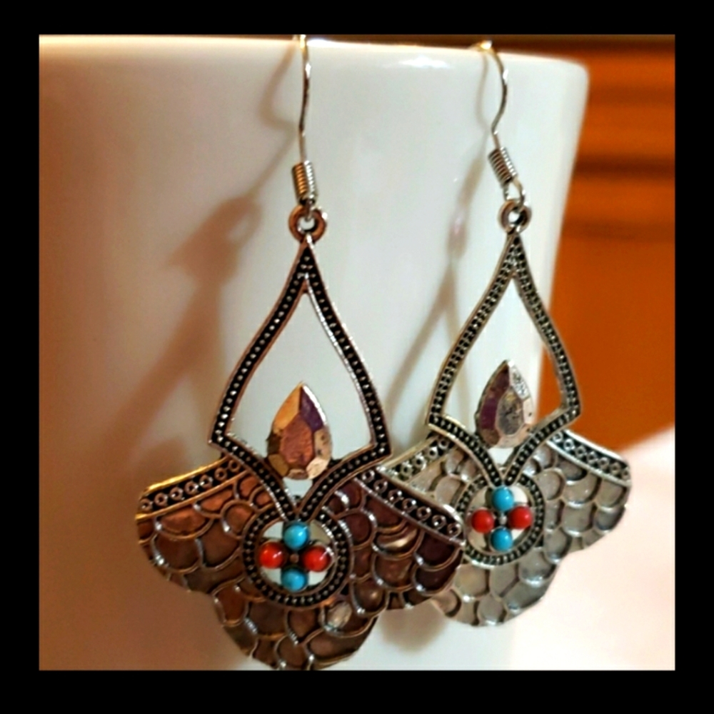 Turquoise & Jasper Aztec Style Dangle Earrings